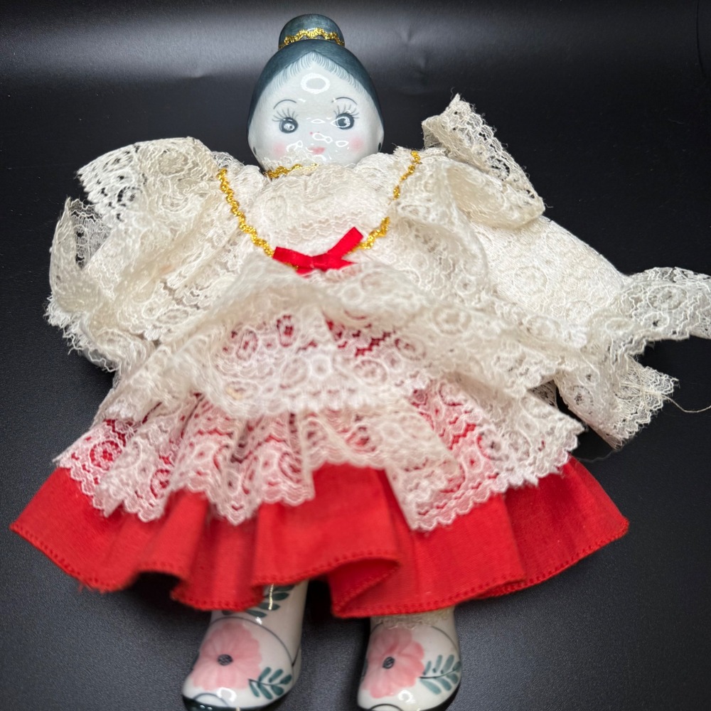 Vintage Porcelain Doll Lace Red‎ Dress Floral Boots Collectible Display Heirloom
